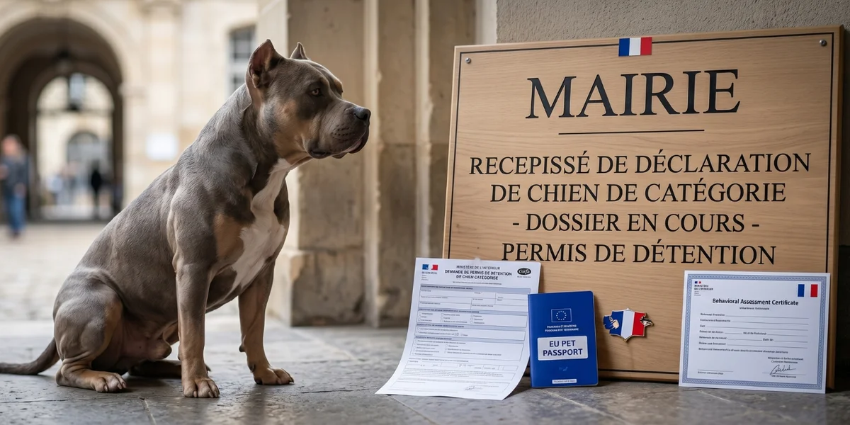 American Bully assis devant une mairie française, illustrant les obligations légales des propriétaires de chiens catégorisés