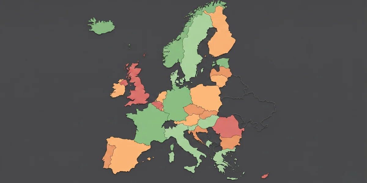 Carte de l'Europe illustrant les différentes législations nationales sur l'American Bully : pays avec interdiction, restriction ou absence de réglementation spécifique