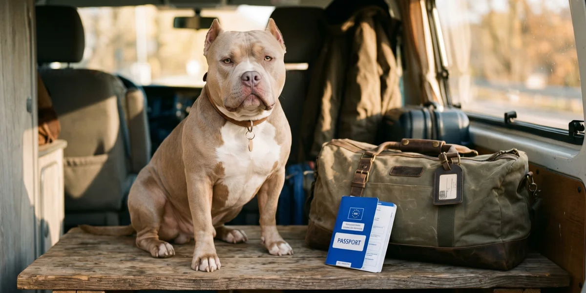 American Bully prêt pour un voyage en Europe, avec passeport européen pour animaux et documents de voyage posés à côté de lui