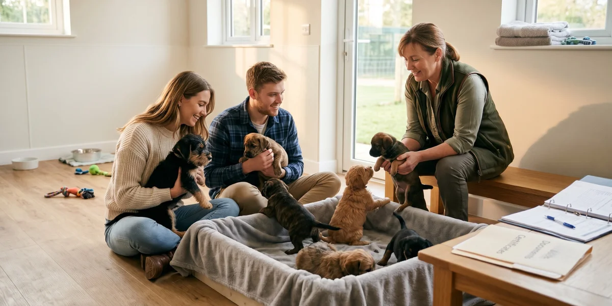 Couple choisissant un chiot croisé chez un éleveur responsable avec certificats de santé