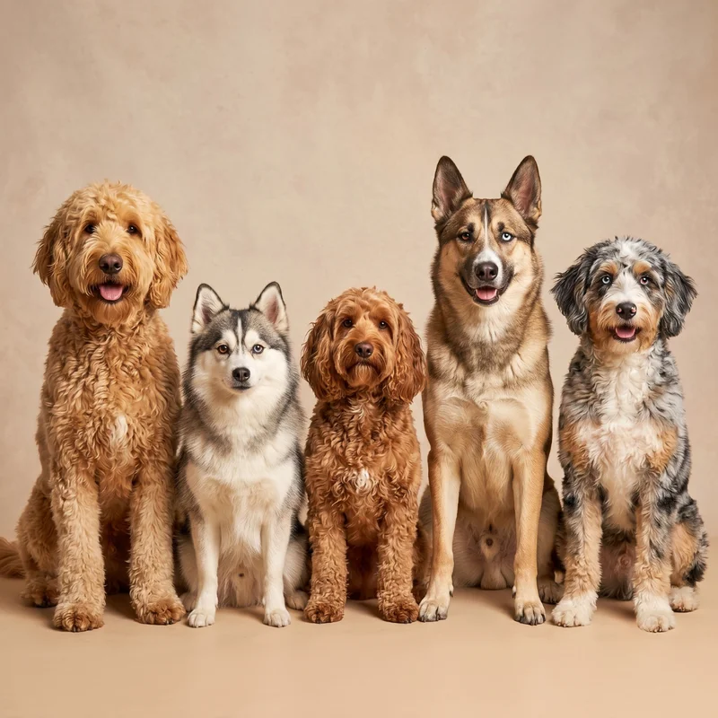 Cinq chiens croisés populaires côte à côte : Goldendoodle, Pomsky, Cockapoo, Belusky et Aussiedoodle