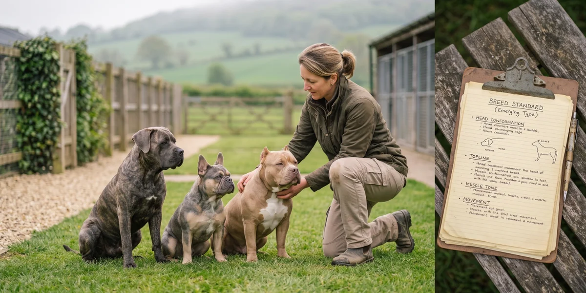 Éleveuse comparant trois chiens du même type lors d'une évaluation de lignée