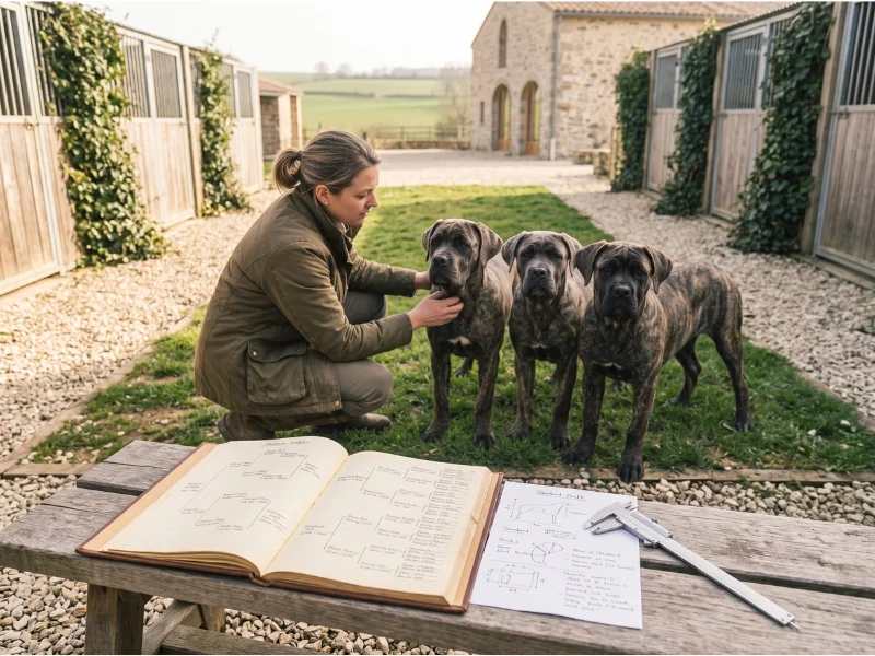 Éleveur comparant trois chiens du même type avec son standard et son registre généalogique