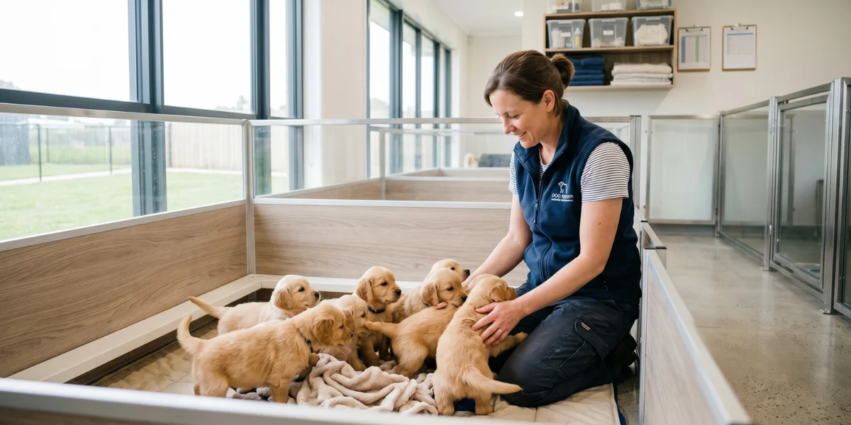 Professionnel de l'élevage canin prenant soin d'une portée de chiots dans un élevage moderne et lumineux
