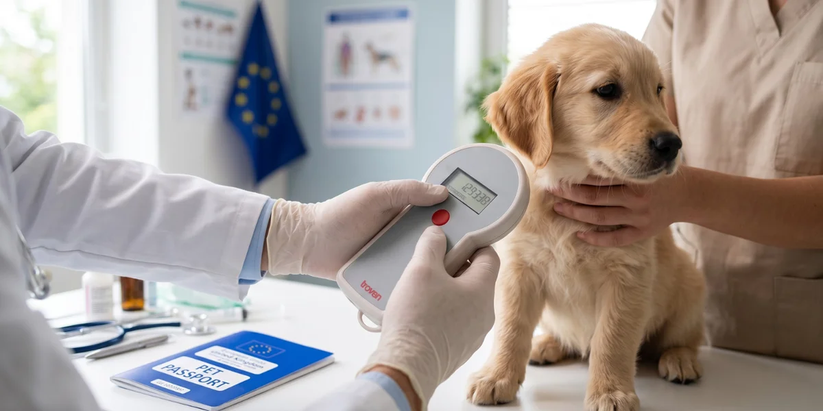Vétérinaire scannant la puce électronique d'un chiot à côté d'un passeport européen pour animaux