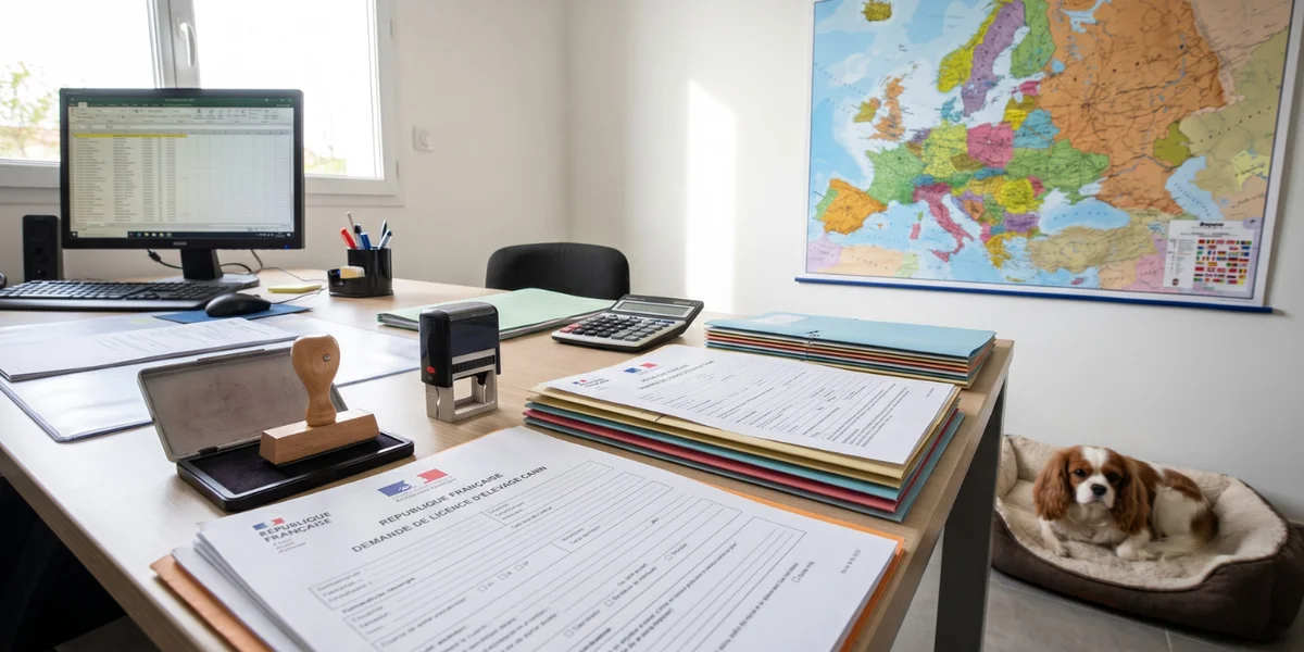 Documents administratifs d'élevage canin, tampon officiel et carte de l'Europe sur un bureau