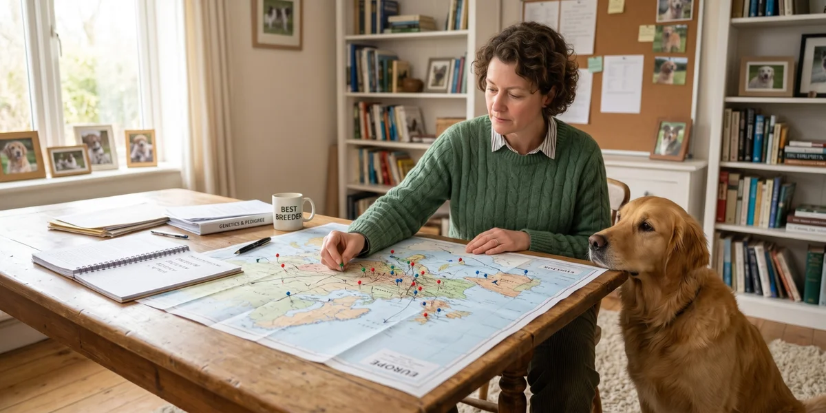 Personne comparant les pays européens sur une carte pour installer son élevage canin, un chien à ses côtés