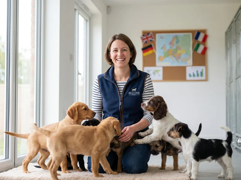 Éleveur de chien heureux entouré de chiots en bonne santé dans un élevage moderne, sur fond de carte de l'Europe