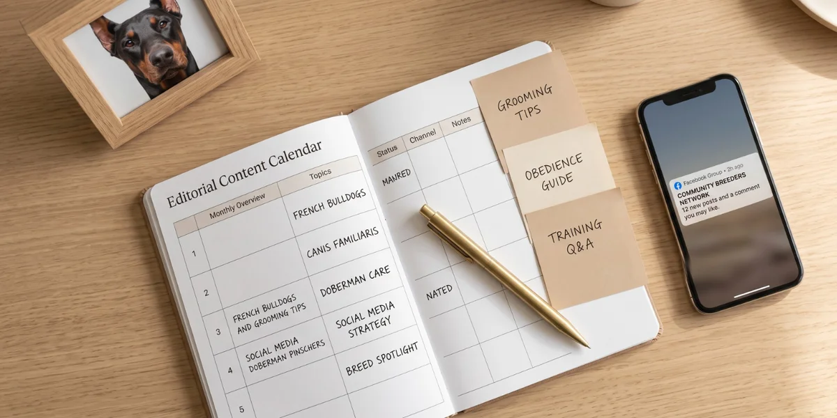 Calendrier éditorial ouvert sur un bureau avec des notes de sujets d'articles et un smartphone affichant une notification de groupe Facebook