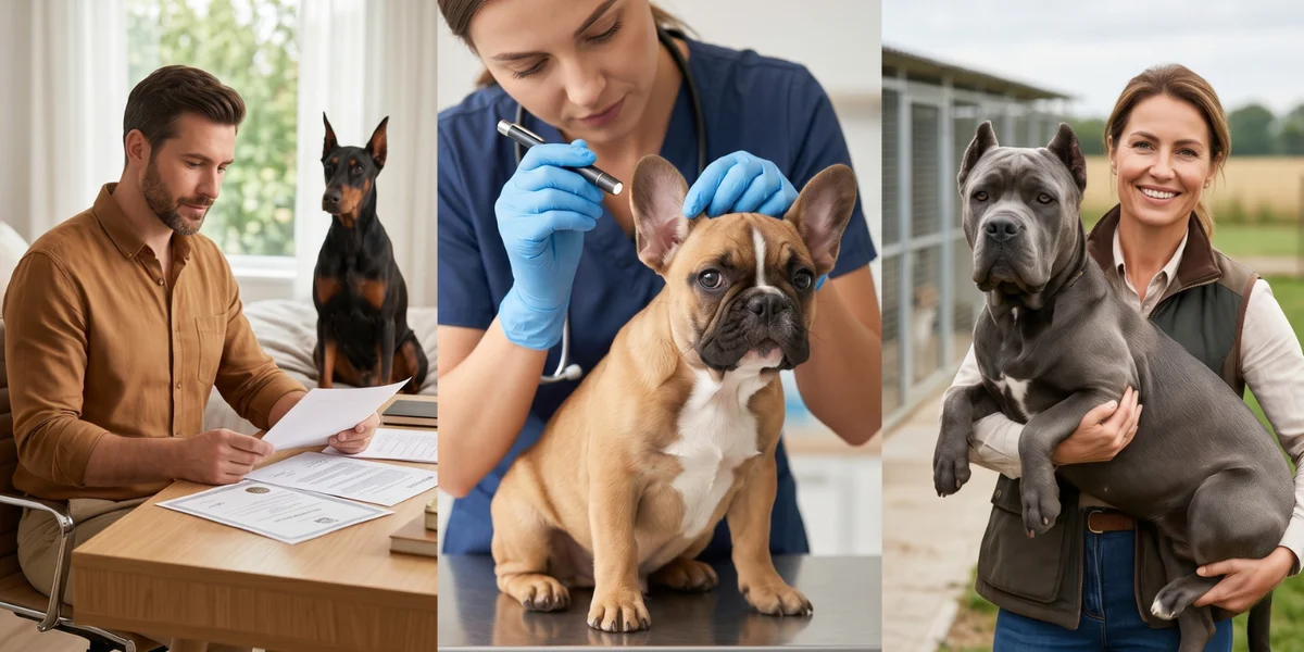 Composition éditoriale en trois parties : éleveur au bureau, chiot exotique chez le vétérinaire et éleveur avec son Cane Corso
