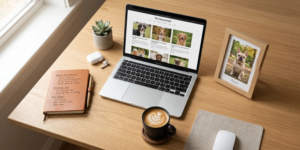 Espace de travail d'un créateur de contenu canin avec ordinateur portable et carnet de notes sur un bureau en bois