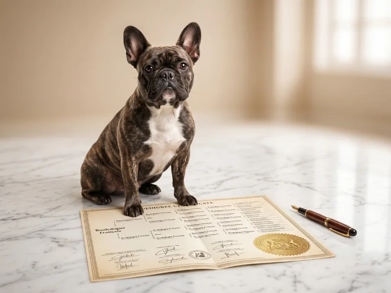 Certificat de pedigree officiel ouvert sur un bureau blanc, avec un chiot bouledogue français