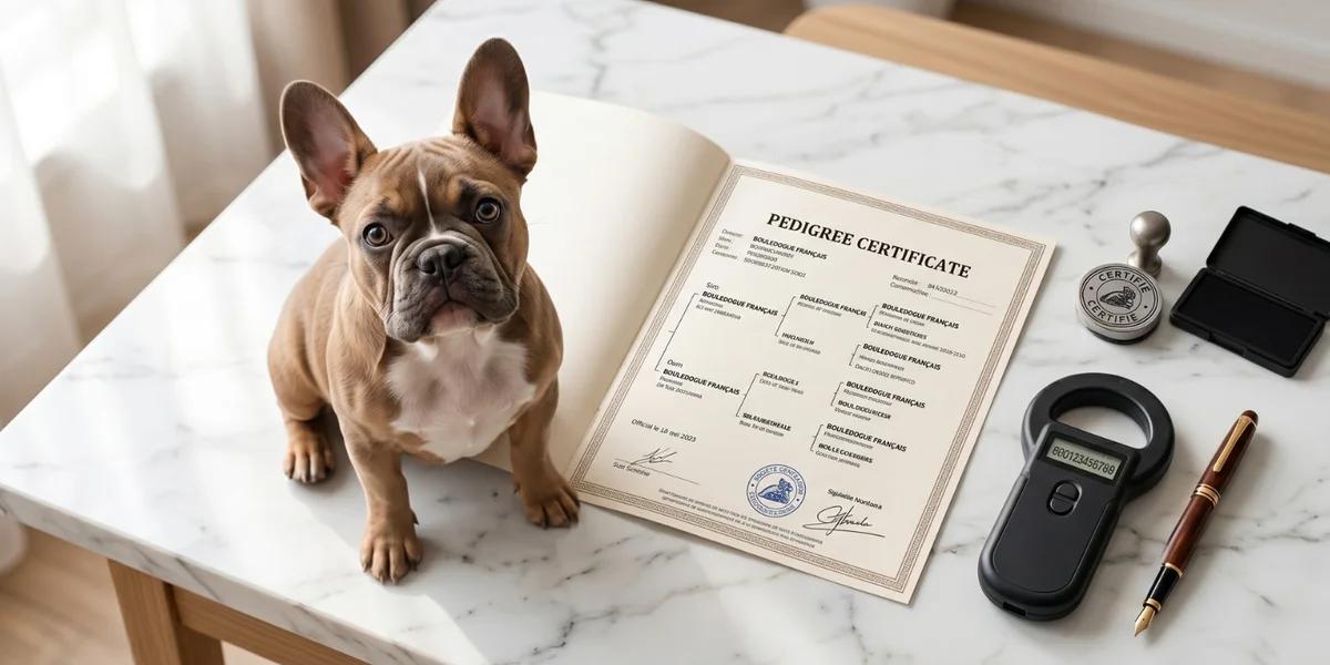 Certificat de pedigree officiel ouvert sur un bureau blanc, avec un chiot bouledogue français et un scanner de puce électronique