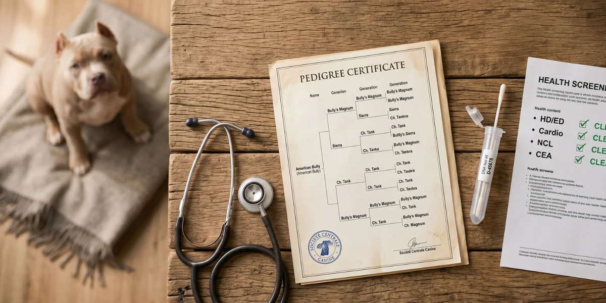 Document de pedigree canin avec arbre généalogique, kit de test ADN et rapport de santé sur un bureau en bois