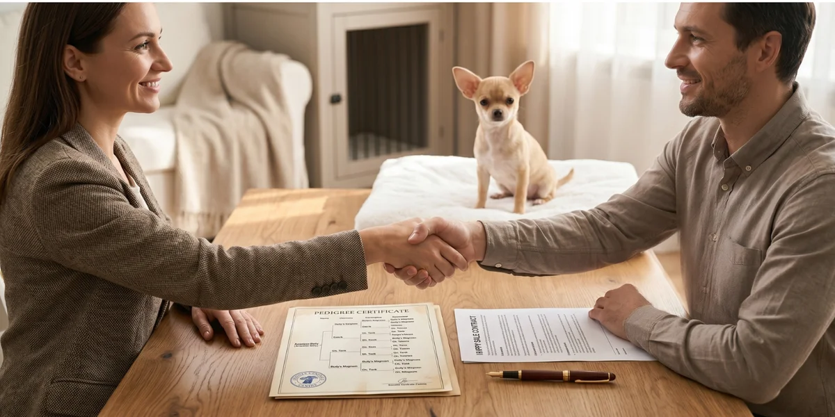 Acheteur et éleveur se serrant la main au-dessus d'un certificat de pedigree et d'un contrat de vente sur une table en bois