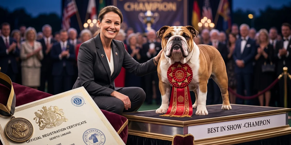 Bouledogue Anglais primé sur un podium d'exposition canine avec un ruban de champion et un certificat de pedigree en premier plan