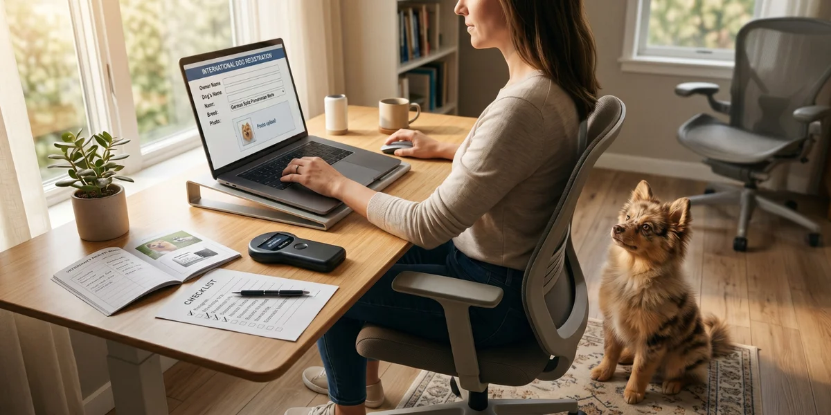 Une personne remplit un formulaire d'enregistrement de pedigree en ligne sur un ordinateur portable, avec un scanner de puce et un livret de santé canin sur le bureau