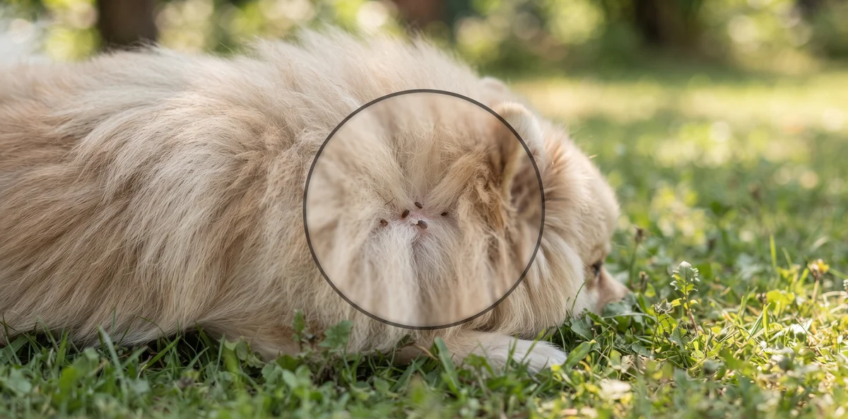 Chien dans l'herbe, risque invisible de gale, tiques et vers intestinaux