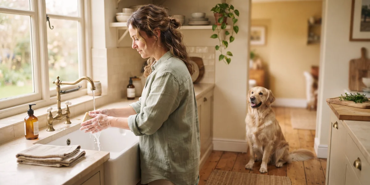 Personne se lavant les mains près de son chien, geste d'hygiène préventif